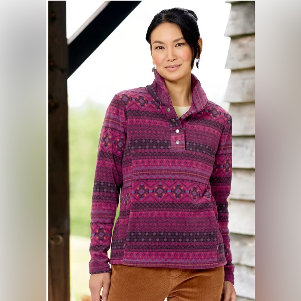 Vermont Country Store Womens M Pink Purple Pullover Fleece Fair Isle Shawl